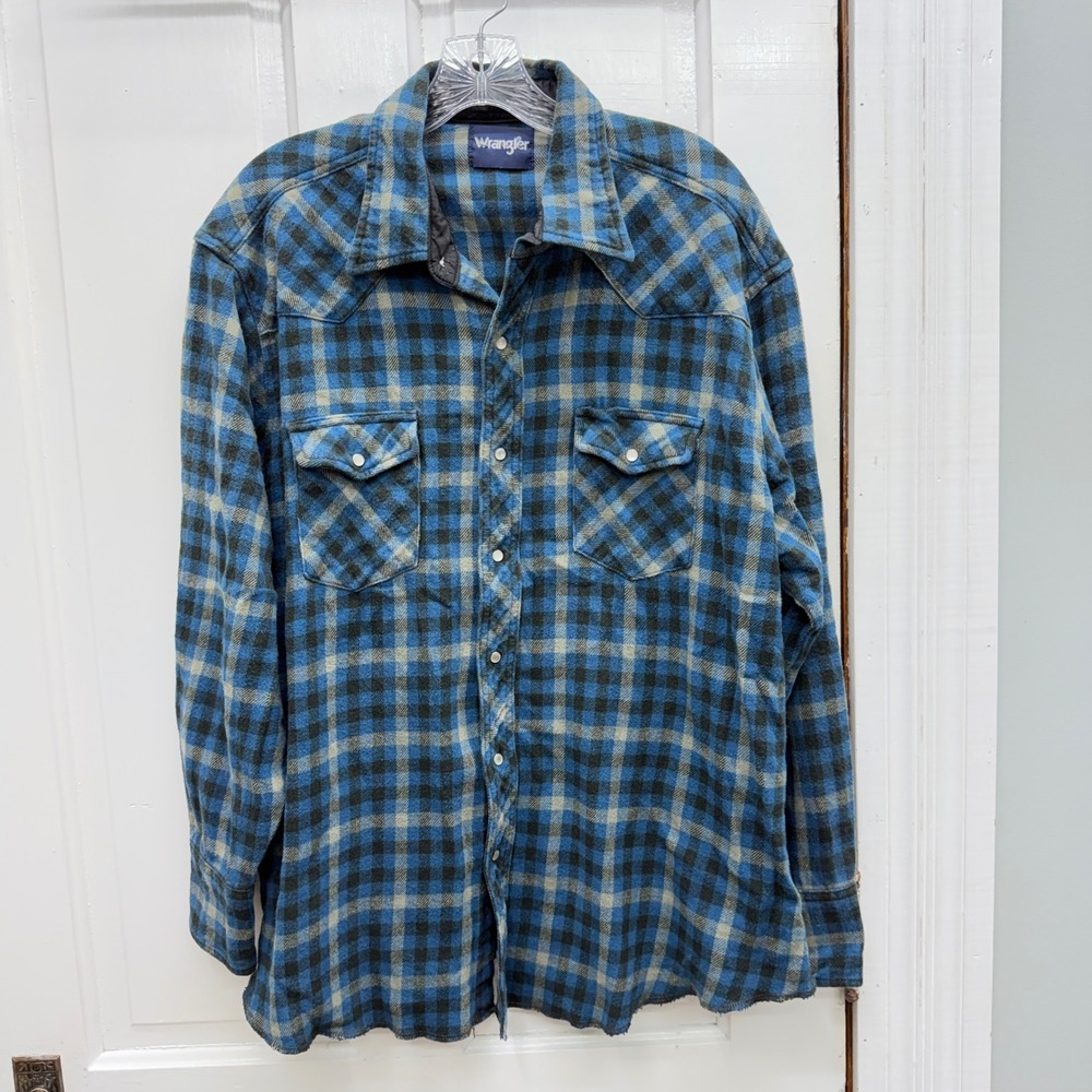 Wrangler Western Mens XXL Plaid Flannel Pearl Snap Shirt Jacket Shacket Blue